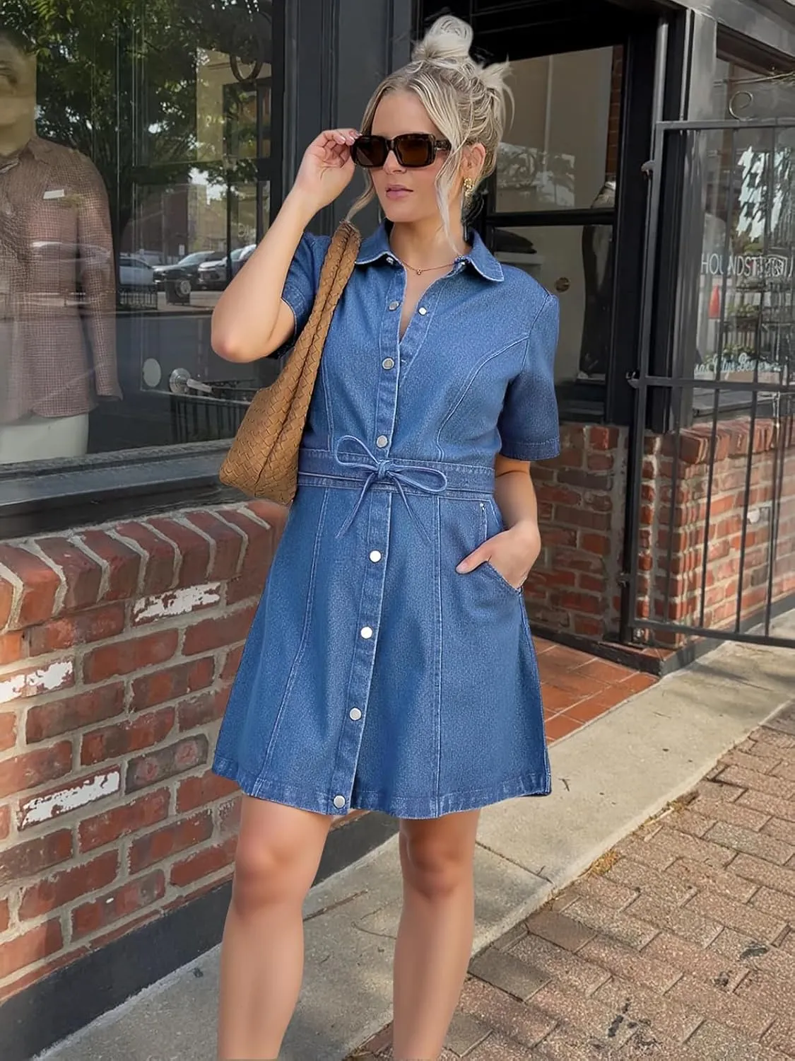 Denim Dress for Women Button Down Short Sleeve Drawstring Tie Waist Jean Shirt Dresses with Pockets 2025 Trendy