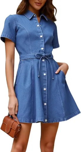 Denim Dress for Women Button Down Short Sleeve Drawstring Tie Waist Jean Shirt Dresses with Pockets 2025 Trendy