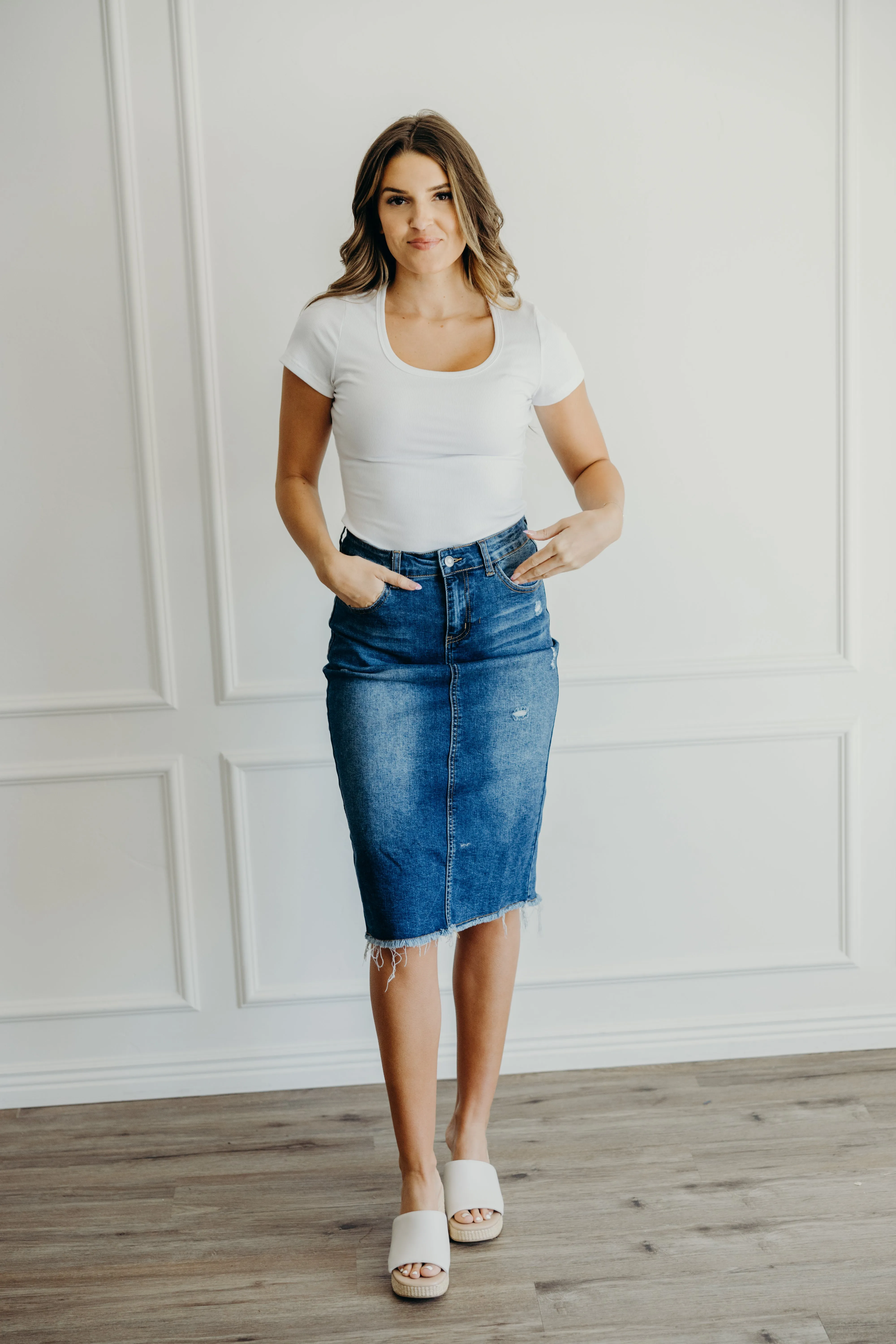 Distressed Denim Skirt Denim Blue