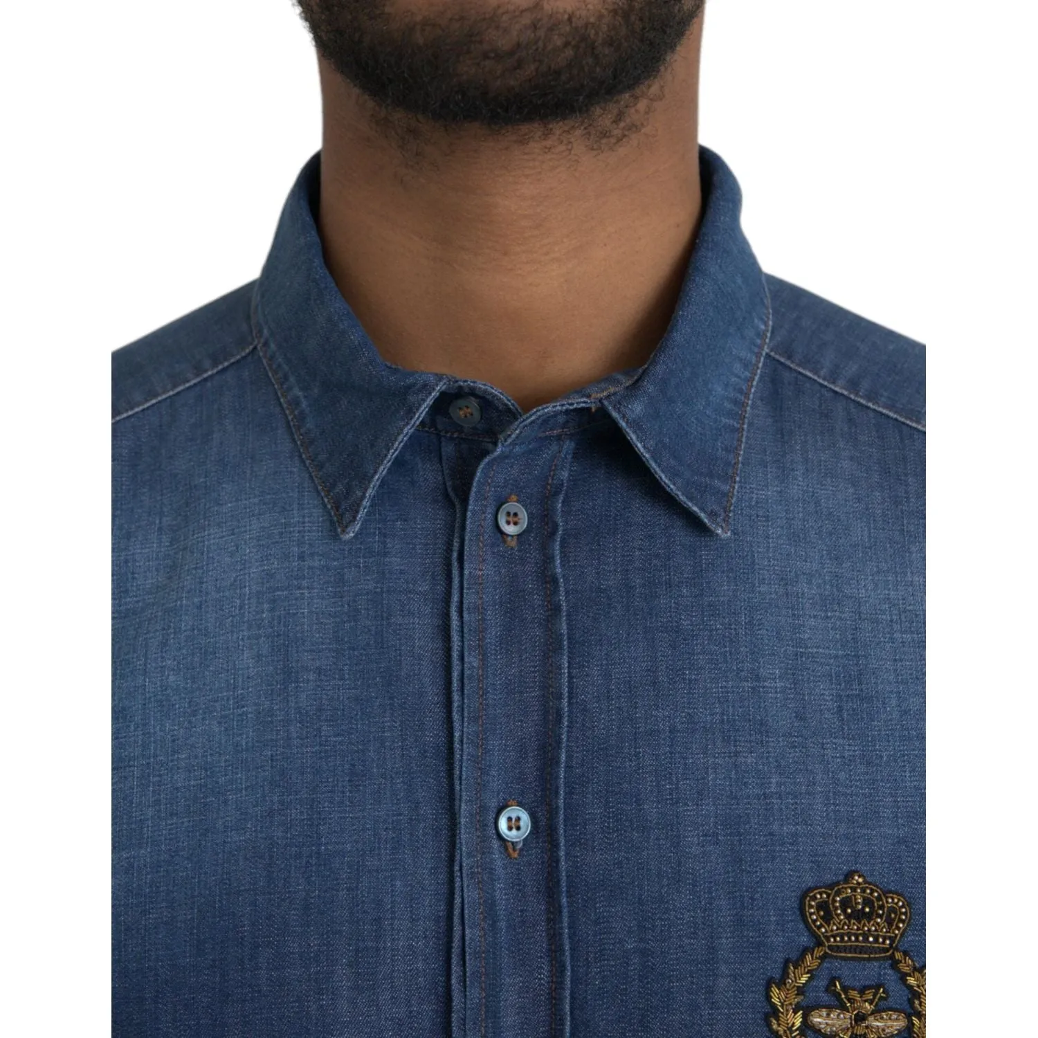 Dolce & Gabbana Blue Crown Bee Cotton Denim GOLD Shirt