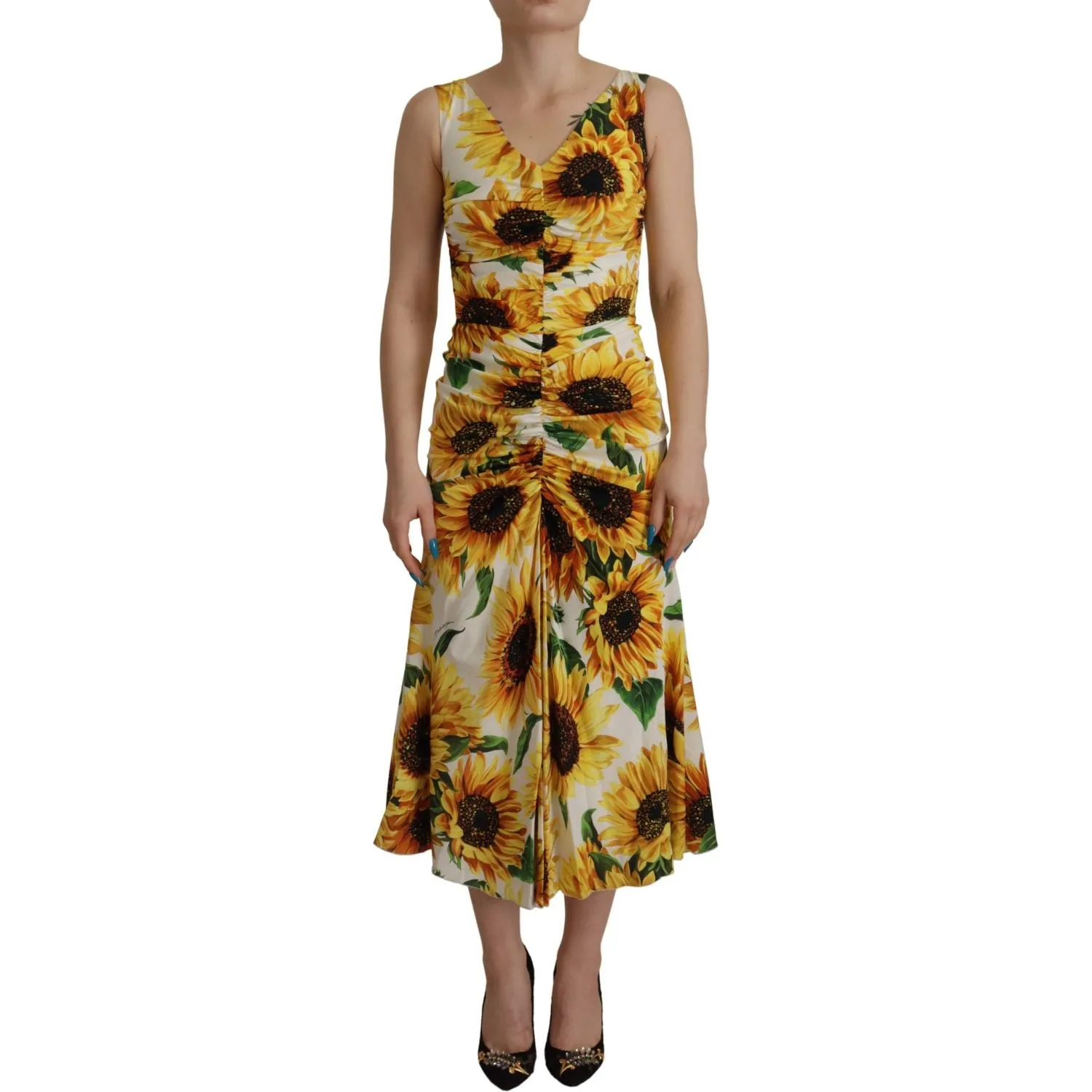 Dolce & Gabbana Elegant White Floral Print Midi Dress