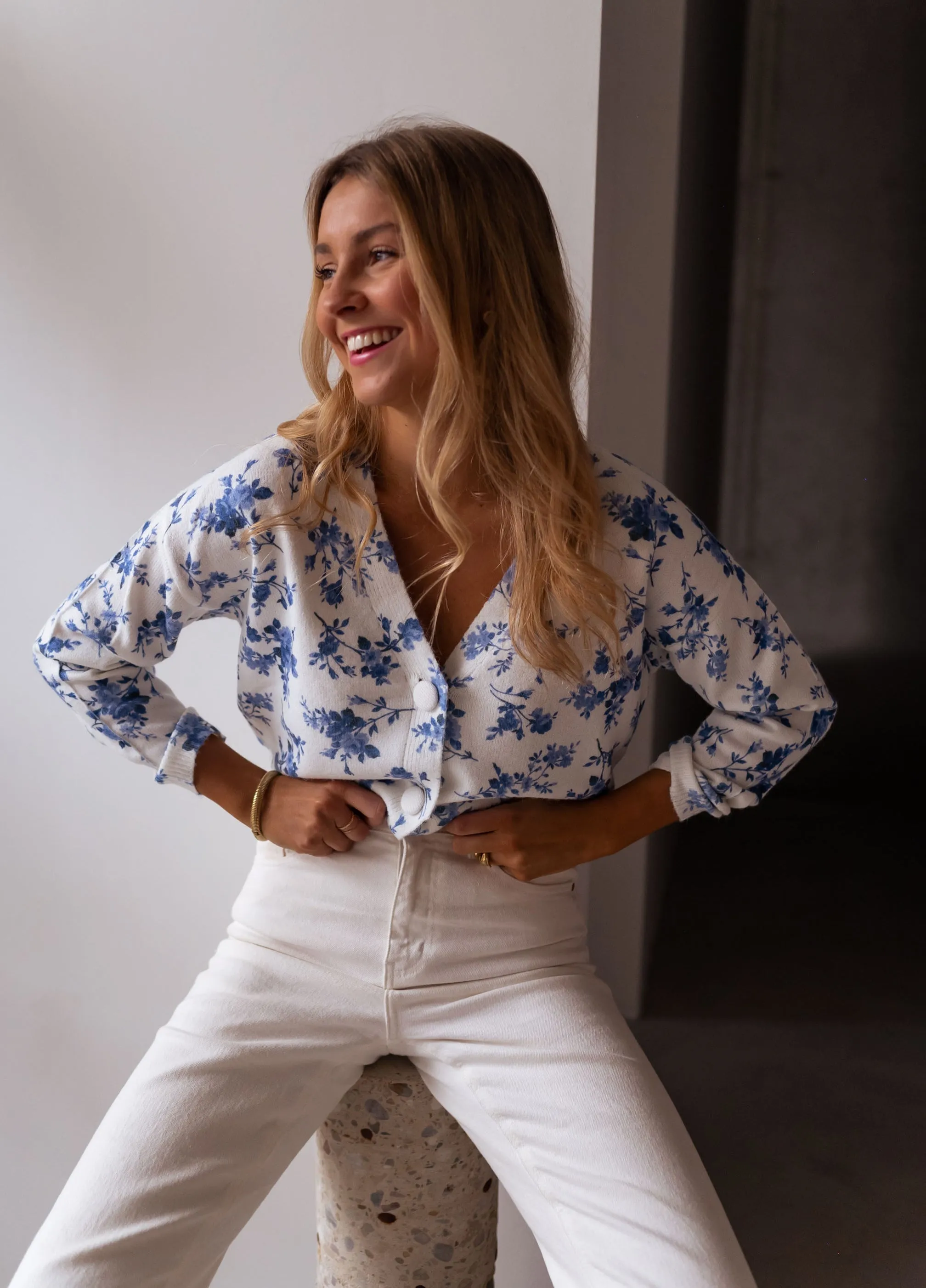 Ecru June Cardigan with Blue Flowers