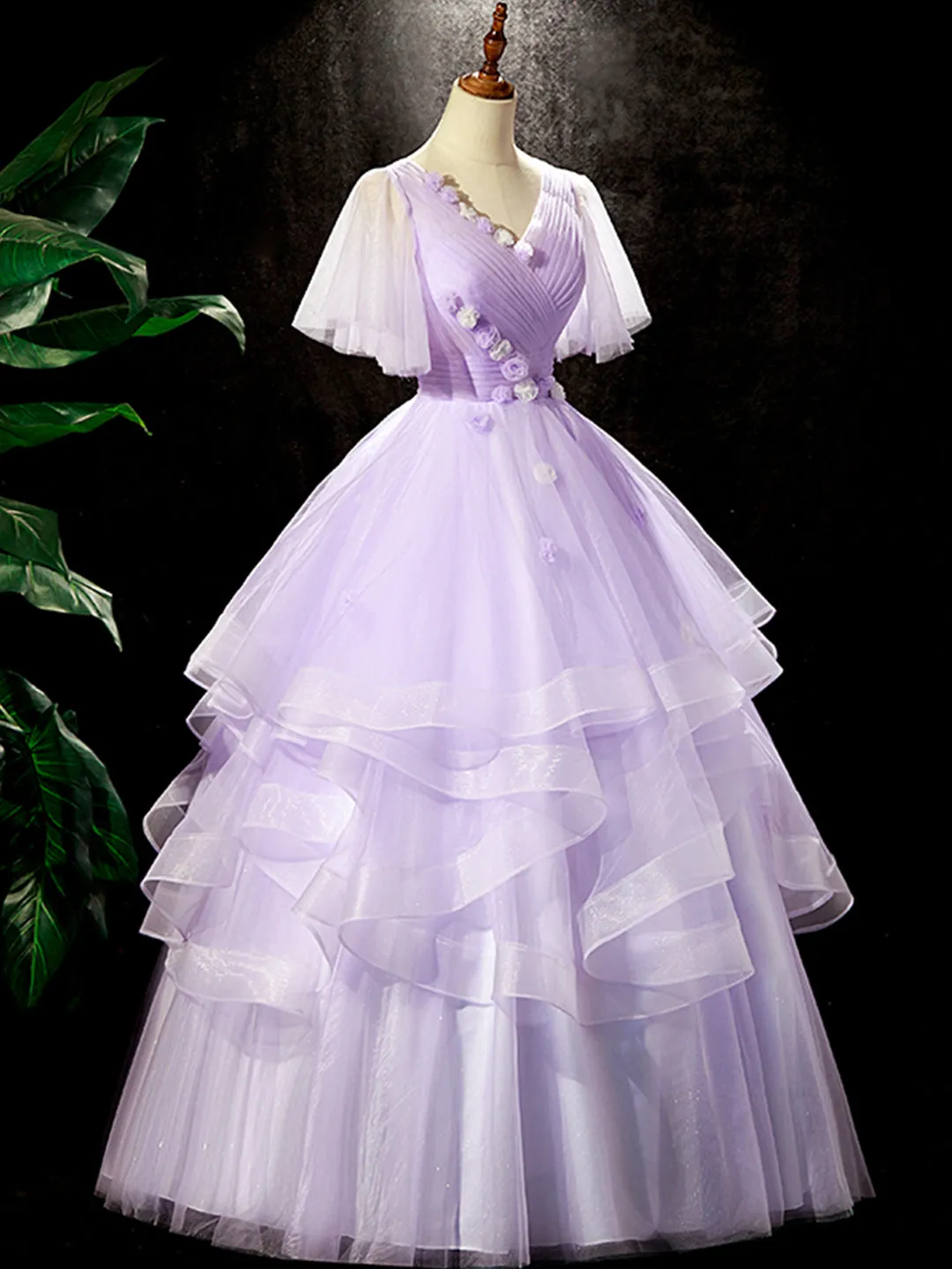 Fairy Purple Floral Floor Length Prom Dress Beautiful V-Neck Party Birthday Dress