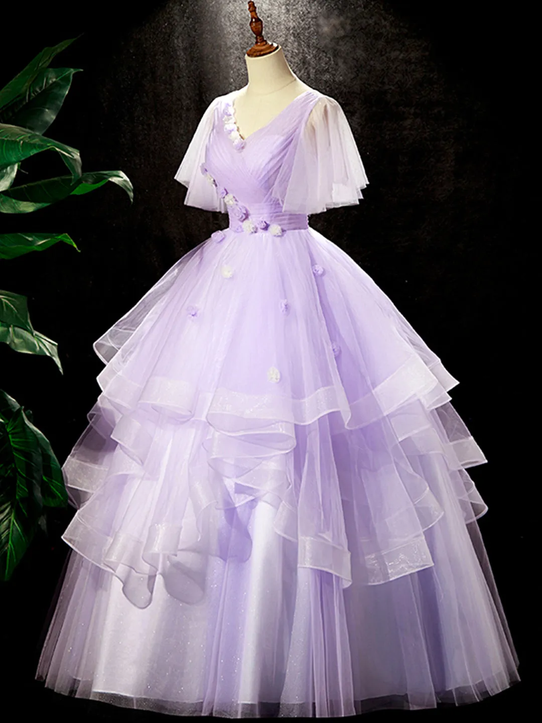 Fairy Purple Floral Floor Length Prom Dress Beautiful V-Neck Party Birthday Dress