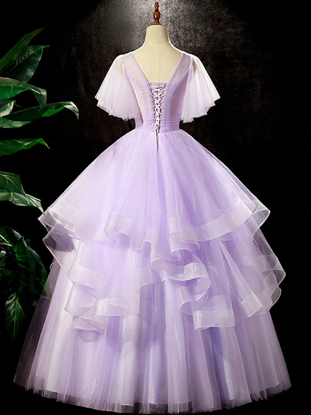 Fairy Purple Floral Floor Length Prom Dress Beautiful V-Neck Party Birthday Dress