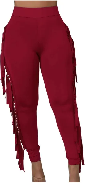 Firzero Women's Fringe Pants Sexy Casual High Waist Solid Color Bodycon Side Tassel Leggings Trendy 2024 Yoga Pants