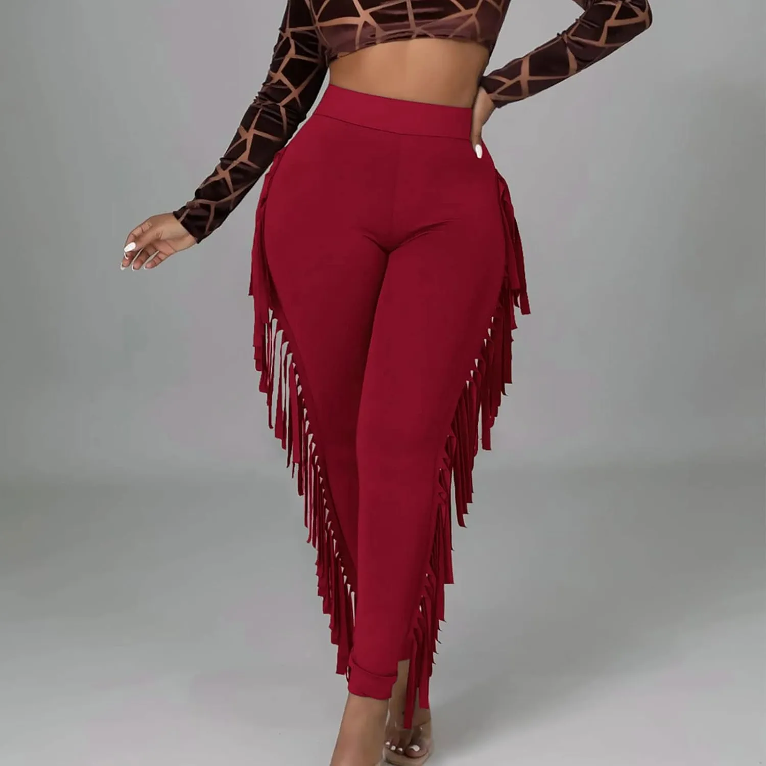 Firzero Women's Fringe Pants Sexy Casual High Waist Solid Color Bodycon Side Tassel Leggings Trendy 2024 Yoga Pants