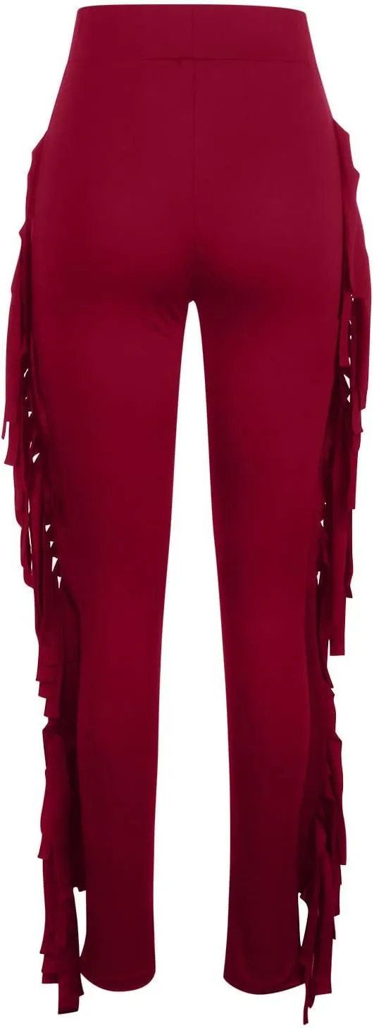 Firzero Women's Fringe Pants Sexy Casual High Waist Solid Color Bodycon Side Tassel Leggings Trendy 2024 Yoga Pants