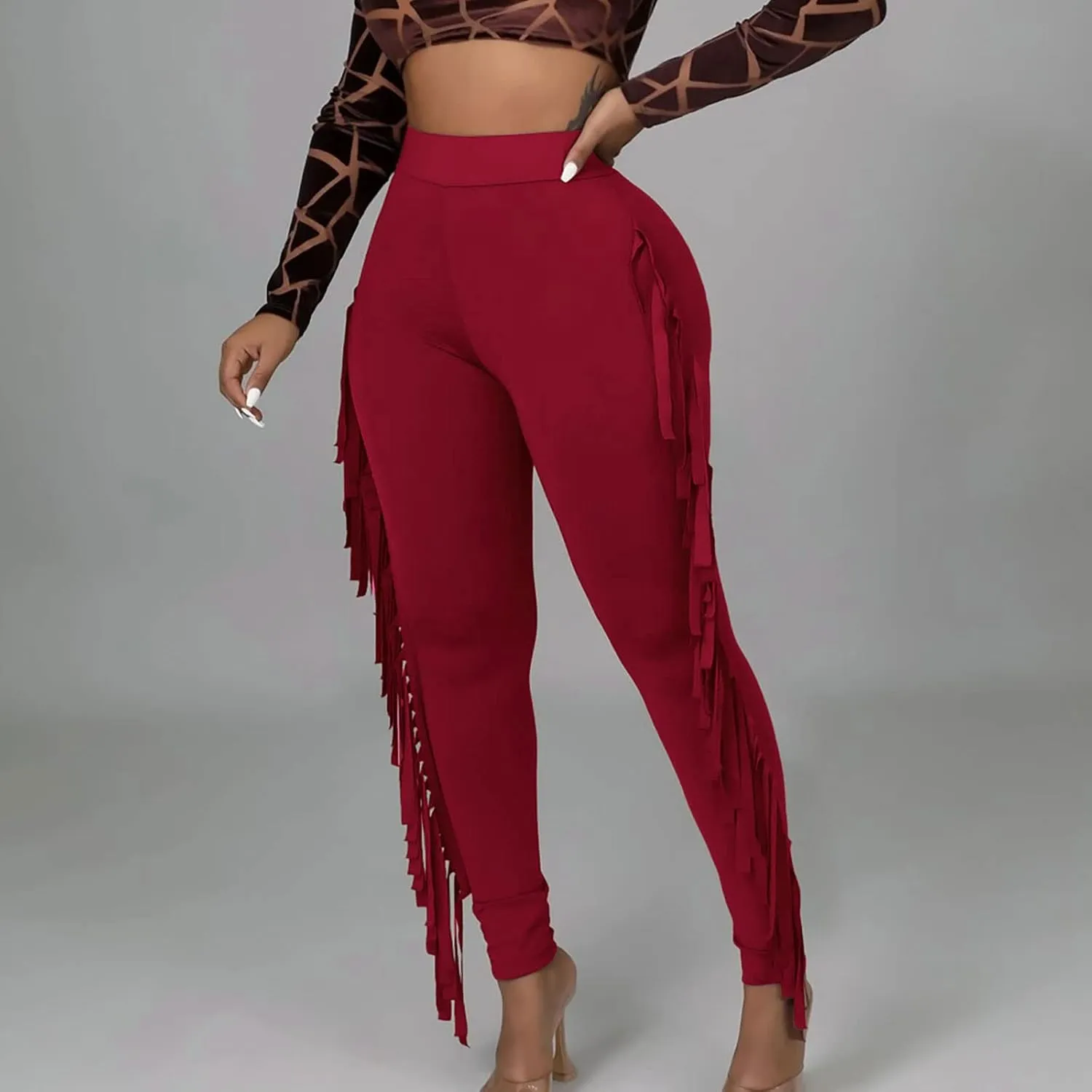 Firzero Women's Fringe Pants Sexy Casual High Waist Solid Color Bodycon Side Tassel Leggings Trendy 2024 Yoga Pants
