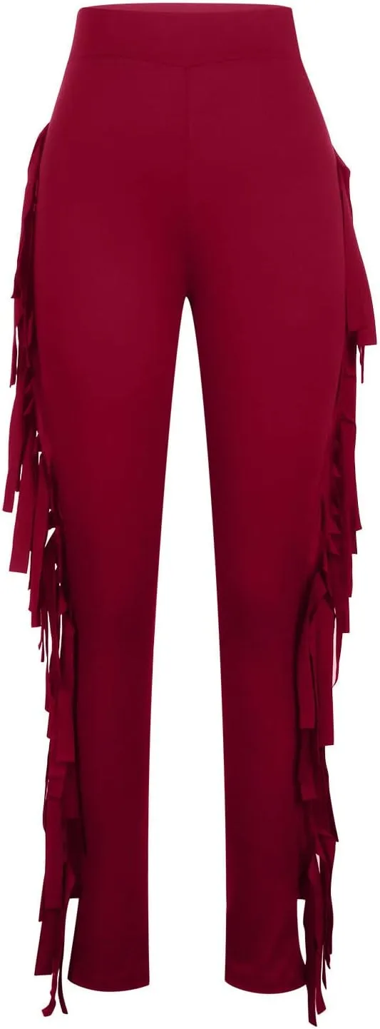 Firzero Women's Fringe Pants Sexy Casual High Waist Solid Color Bodycon Side Tassel Leggings Trendy 2024 Yoga Pants