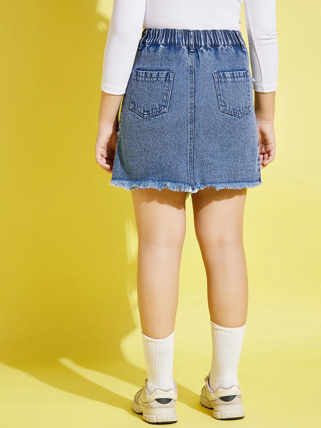 Girls Blue Denim Raw Hem Mini Skirt