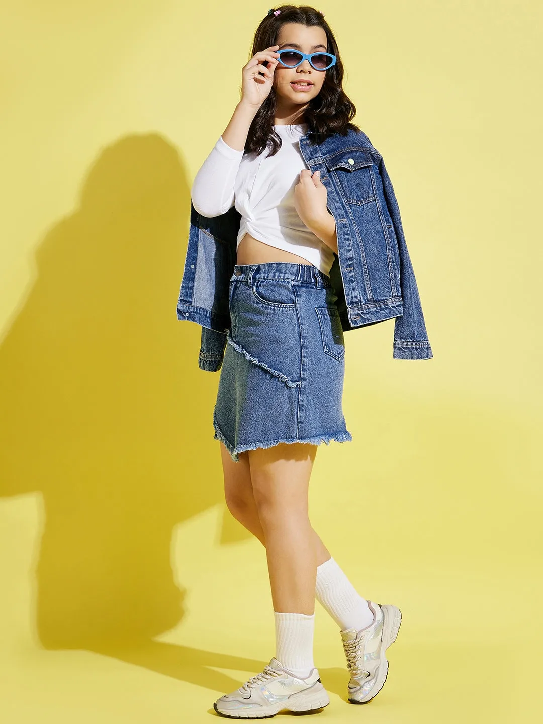 Girls Blue Denim Raw Hem Mini Skirt