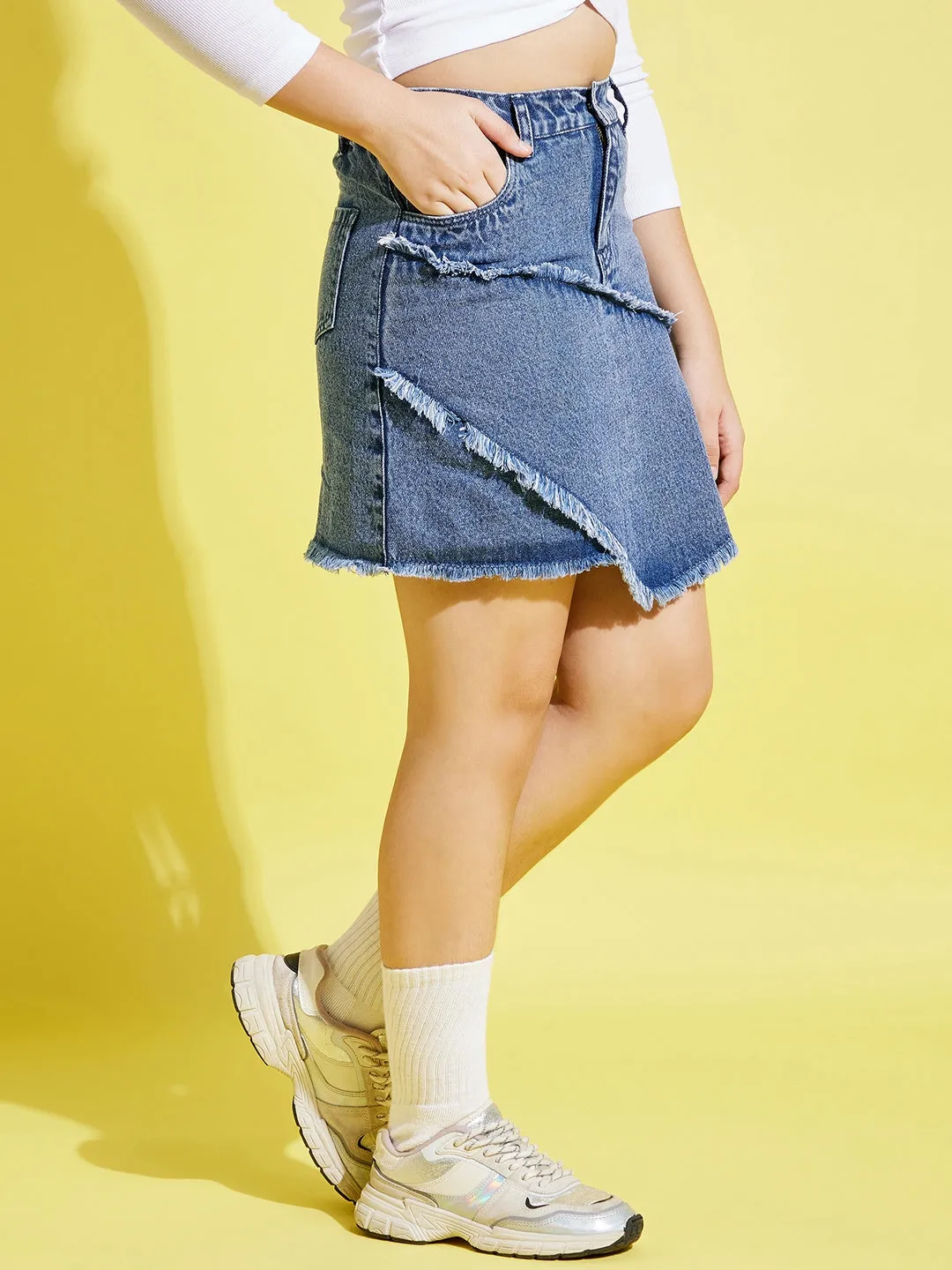 Girls Blue Denim Raw Hem Mini Skirt