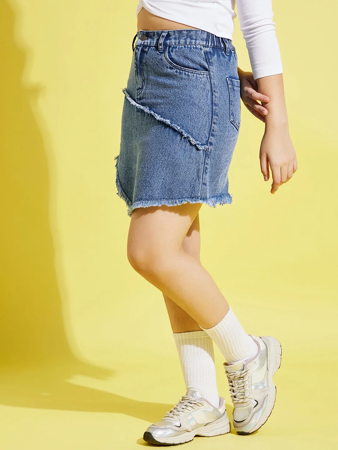 Girls Blue Denim Raw Hem Mini Skirt