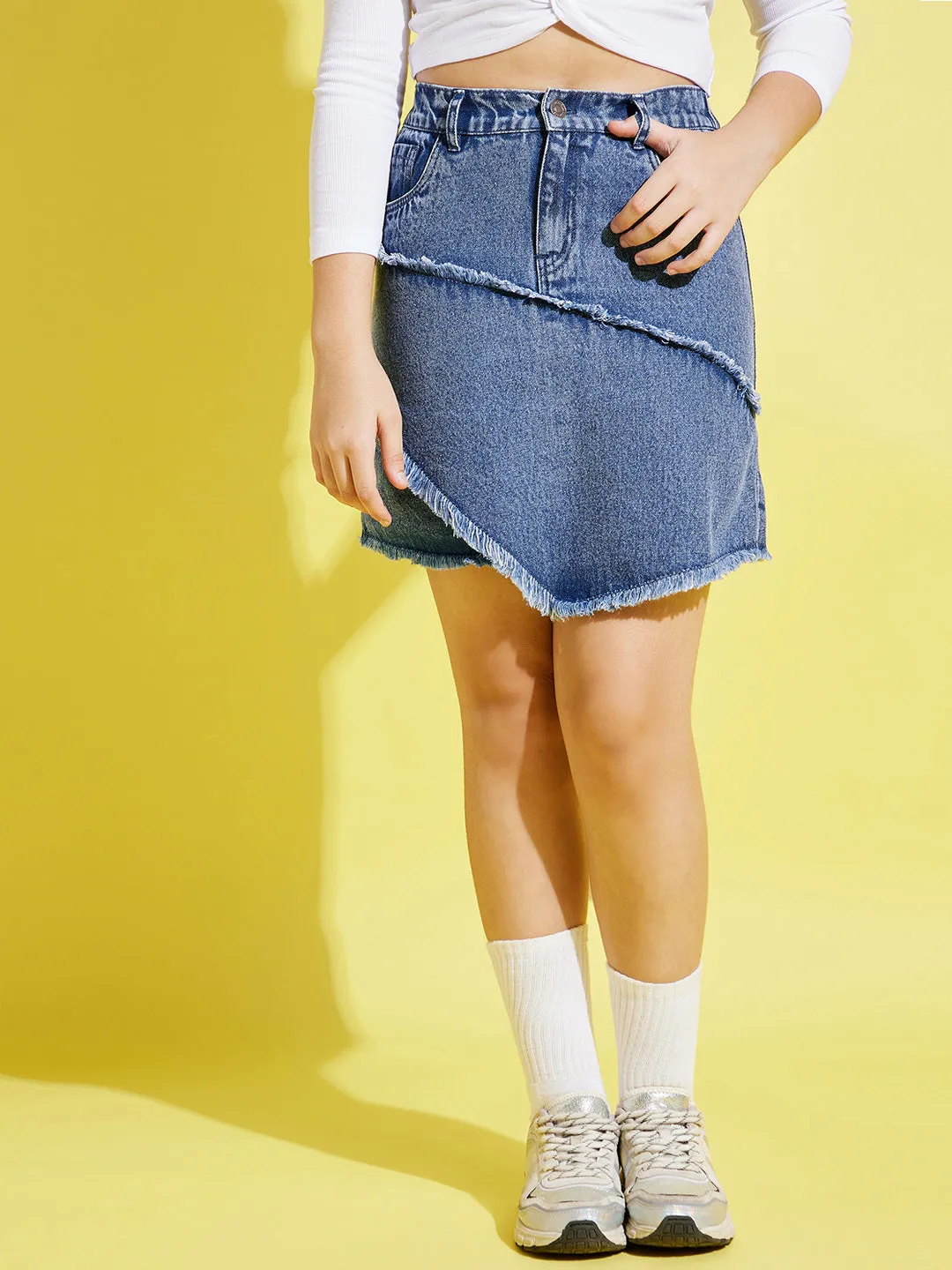 Girls Blue Denim Raw Hem Mini Skirt