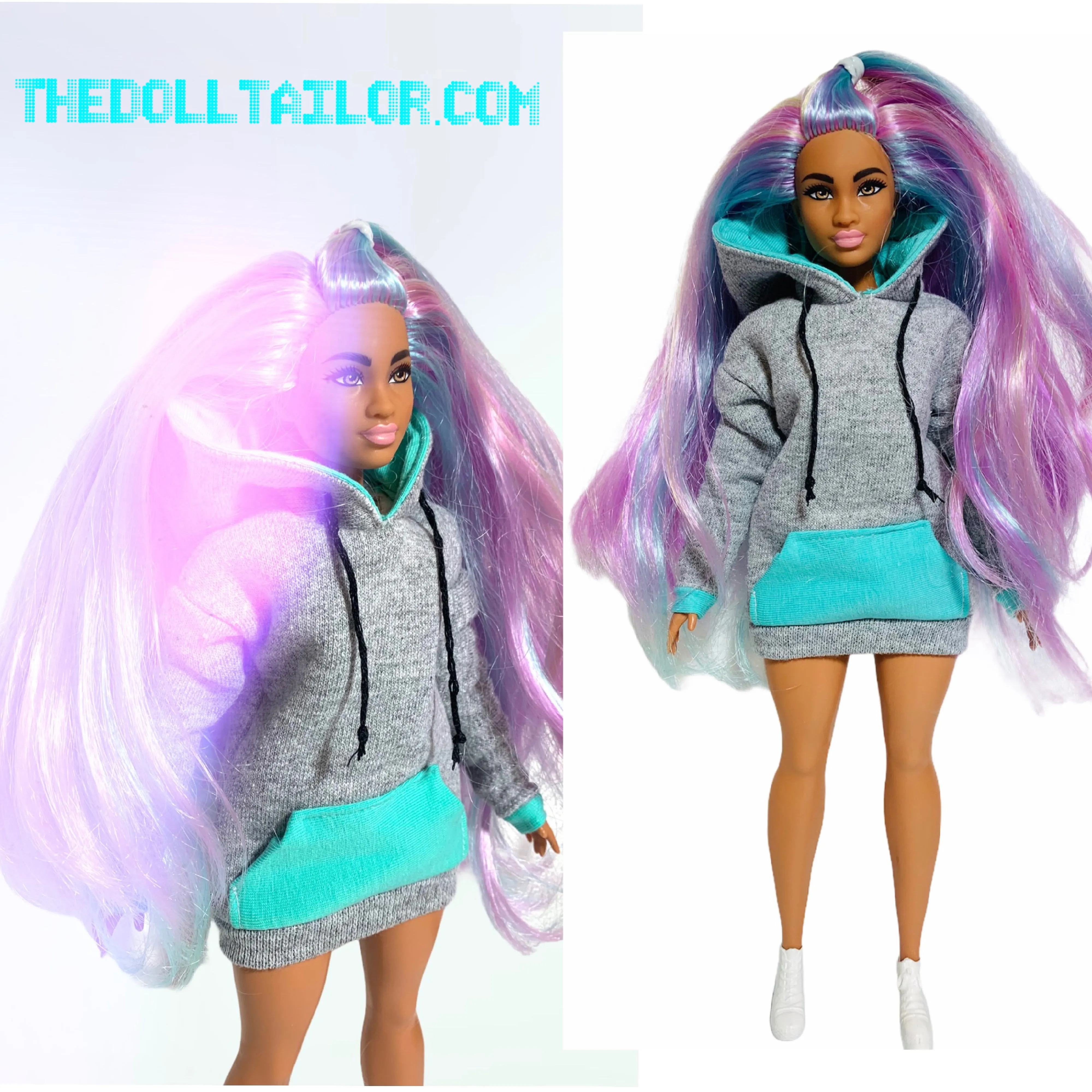 Gray Barbie doll hoodie turquoise pockets hoodie dress