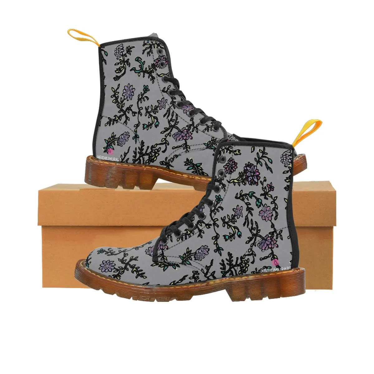 Gray Floral Print Women's Boots, Purple Floral Women's Boots, Best Winter Boots For Women (US Size 6.5-11)
