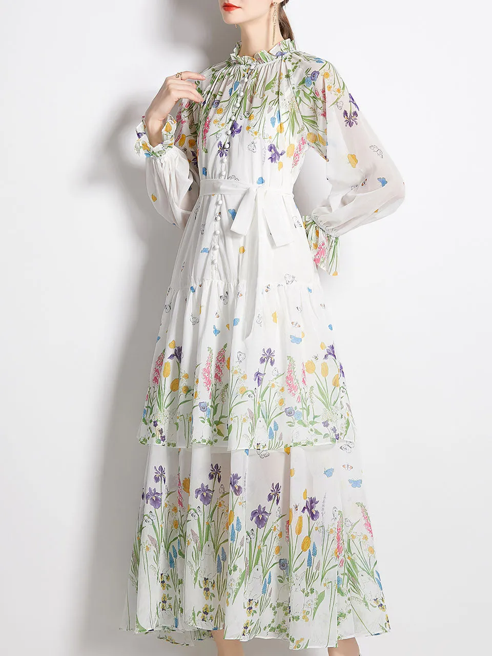 Green Floral Print Ruffles Collar Long Sleeve Maxi Holiday Dress