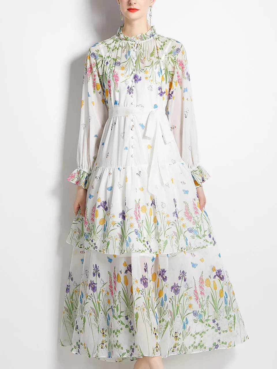 Green Floral Print Ruffles Collar Long Sleeve Maxi Holiday Dress