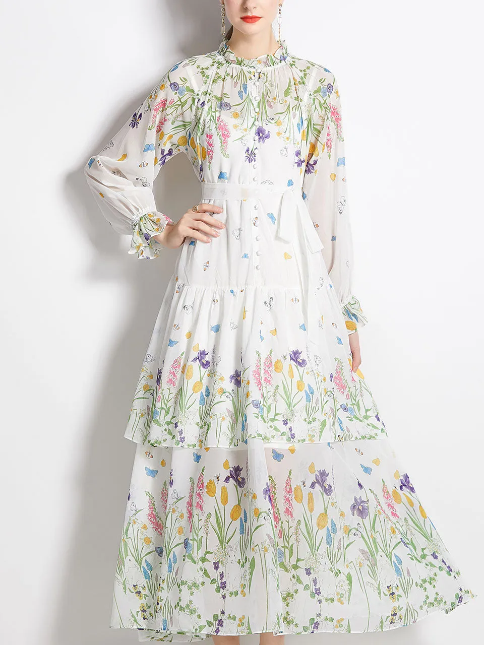 Green Floral Print Ruffles Collar Long Sleeve Maxi Holiday Dress