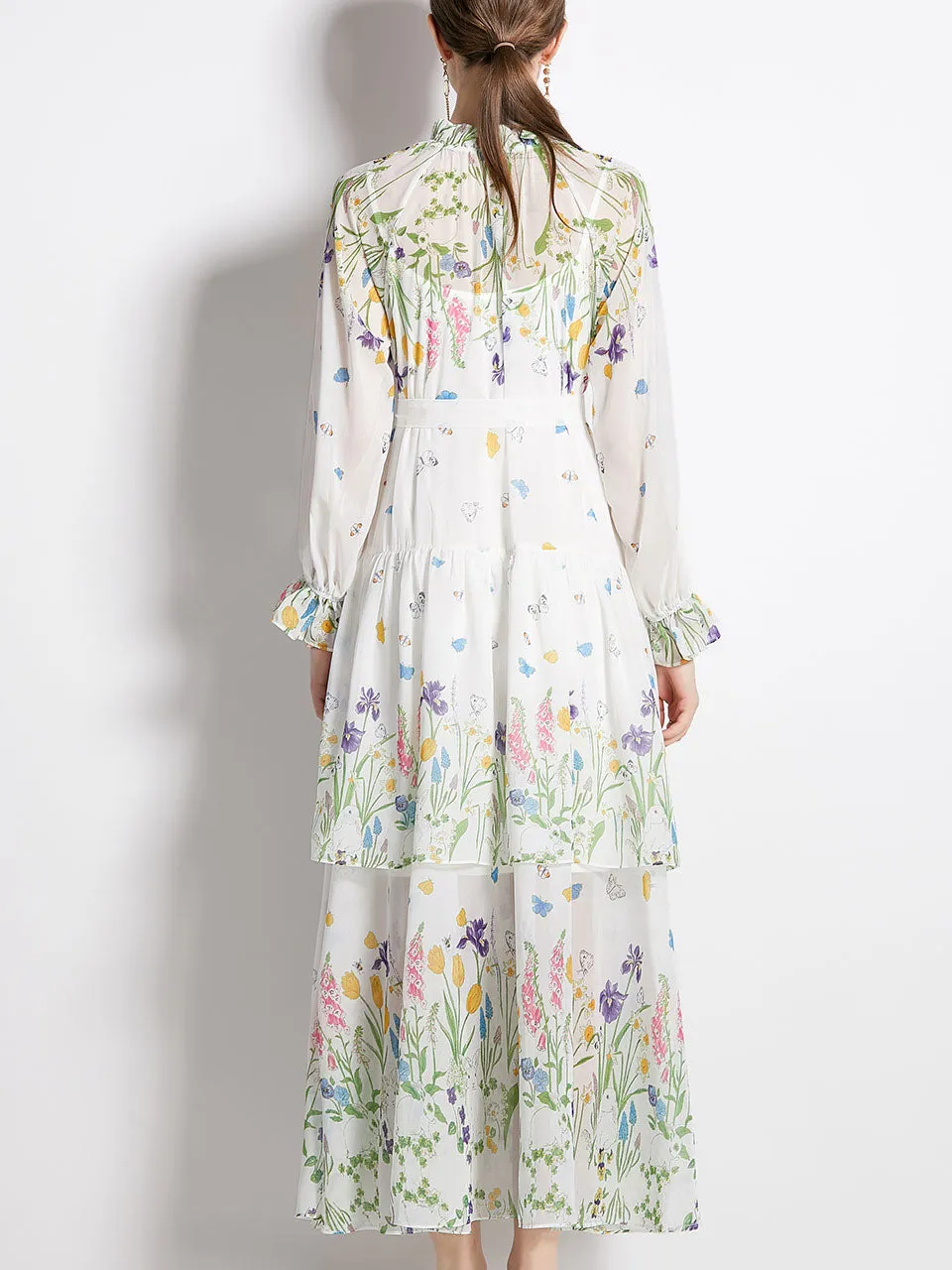 Green Floral Print Ruffles Collar Long Sleeve Maxi Holiday Dress