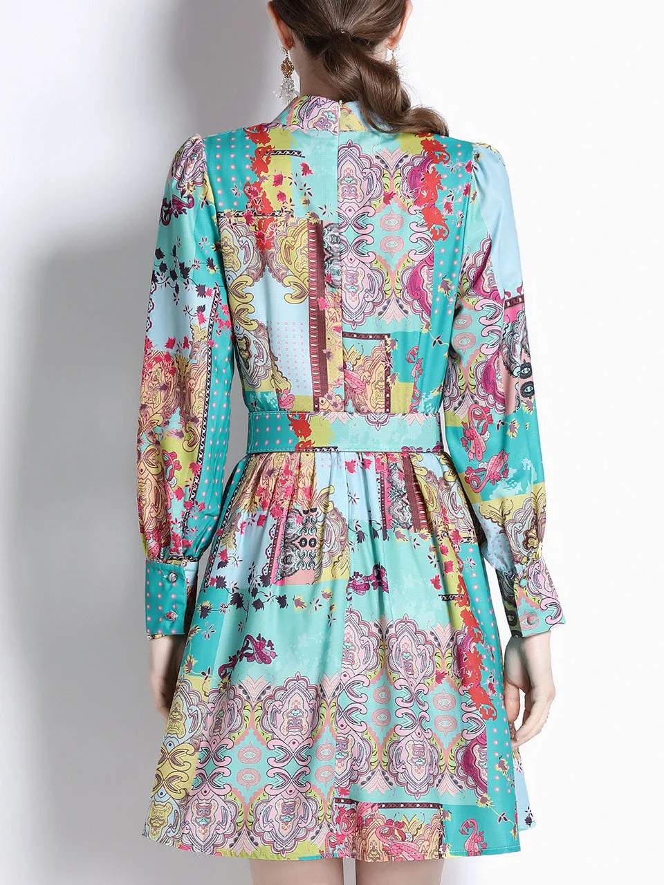 Green Romantic Floral Print Long Sleeve With Belt Holiday Dress