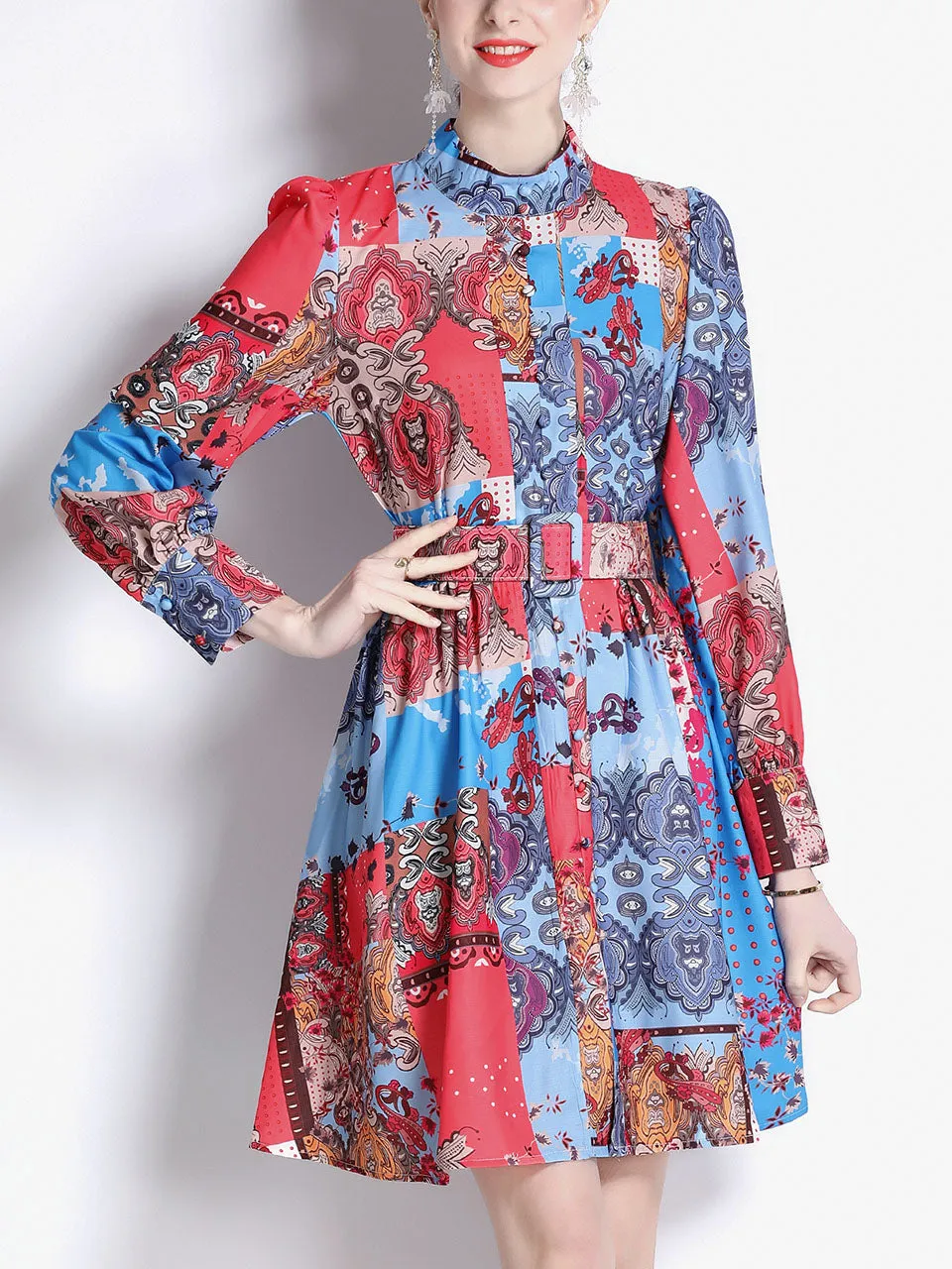 Green Romantic Floral Print Long Sleeve With Belt Holiday Dress