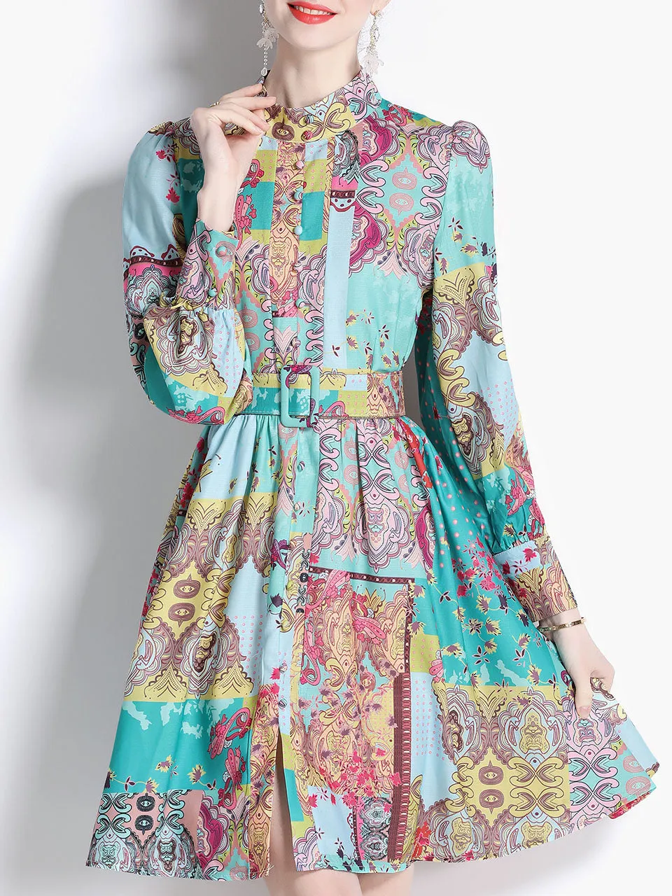 Green Romantic Floral Print Long Sleeve With Belt Holiday Dress