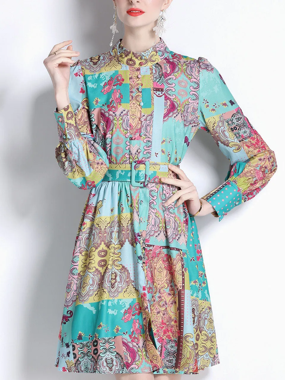 Green Romantic Floral Print Long Sleeve With Belt Holiday Dress