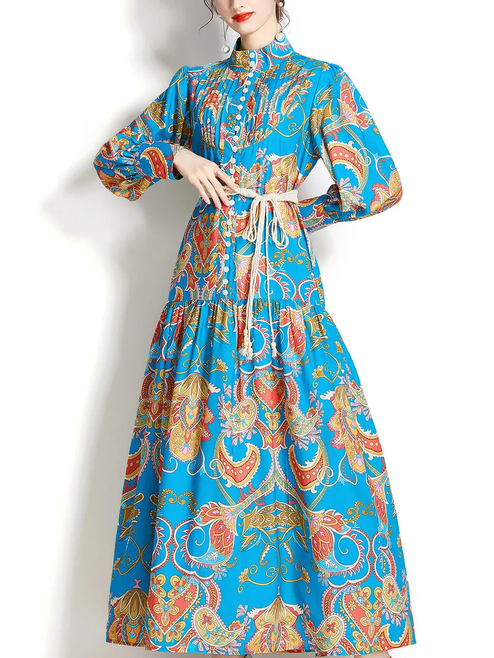 Green Stand Collar Floral Print Long Sleeve Bohemian Dress Maxi Dress