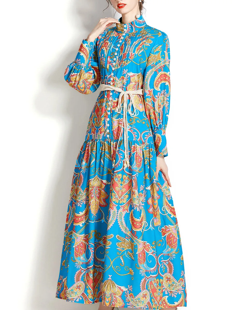 Green Stand Collar Floral Print Long Sleeve Bohemian Dress Maxi Dress