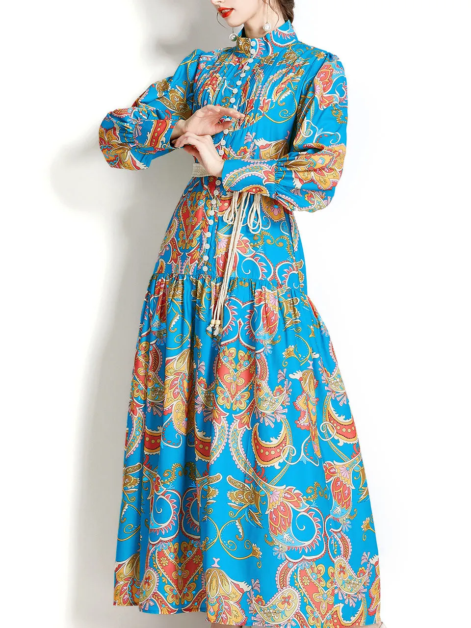 Green Stand Collar Floral Print Long Sleeve Bohemian Dress Maxi Dress