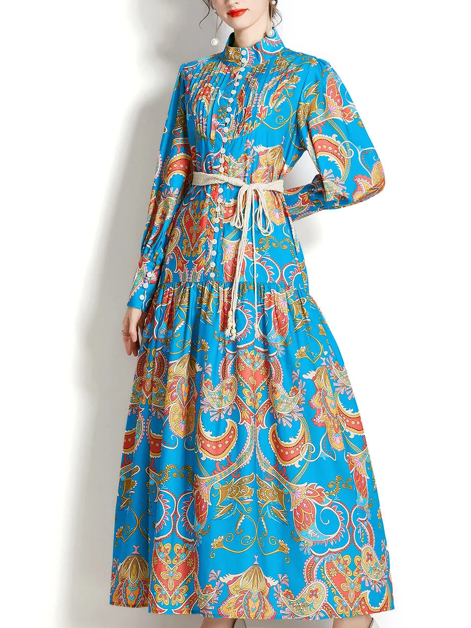 Green Stand Collar Floral Print Long Sleeve Bohemian Dress Maxi Dress