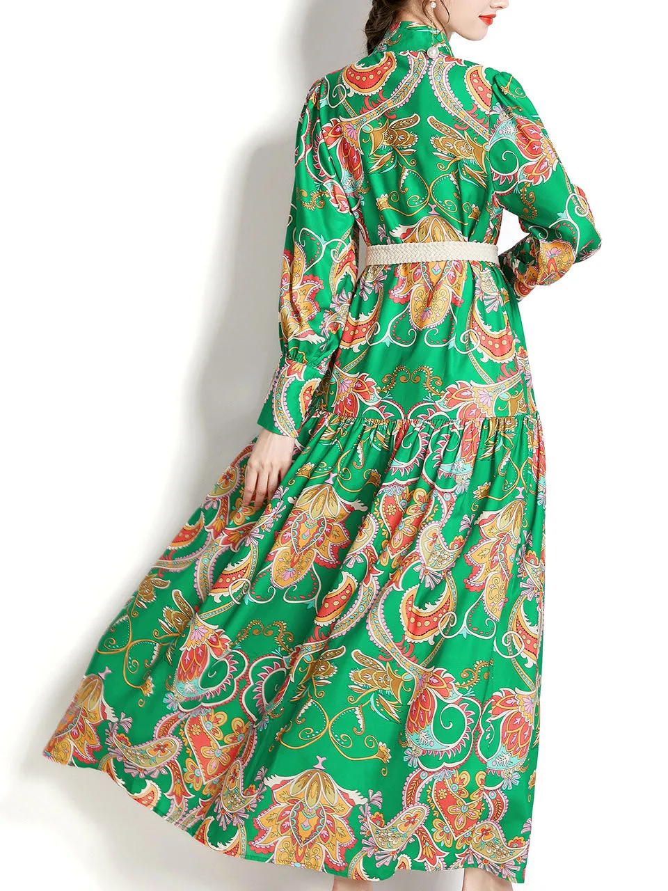 Green Stand Collar Floral Print Long Sleeve Bohemian Dress Maxi Dress
