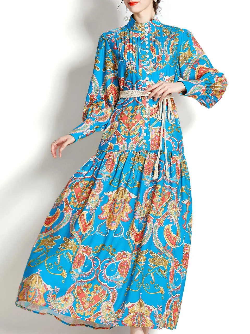 Green Stand Collar Floral Print Long Sleeve Bohemian Dress Maxi Dress