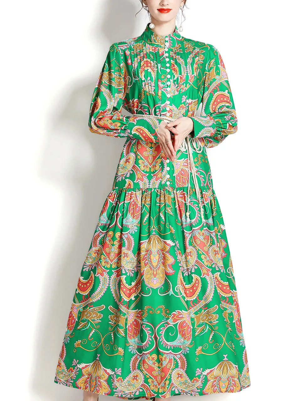 Green Stand Collar Floral Print Long Sleeve Bohemian Dress Maxi Dress