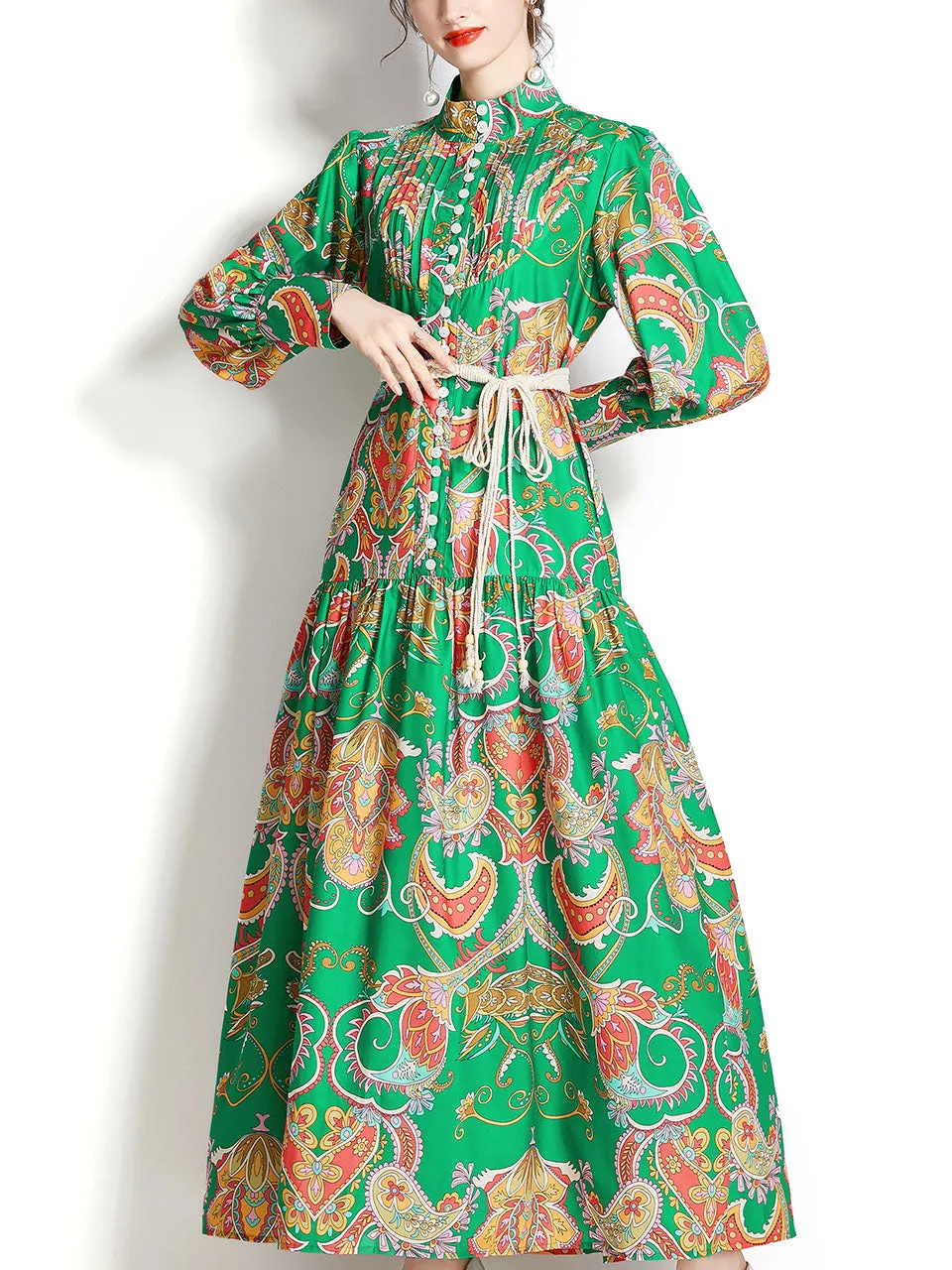 Green Stand Collar Floral Print Long Sleeve Bohemian Dress Maxi Dress