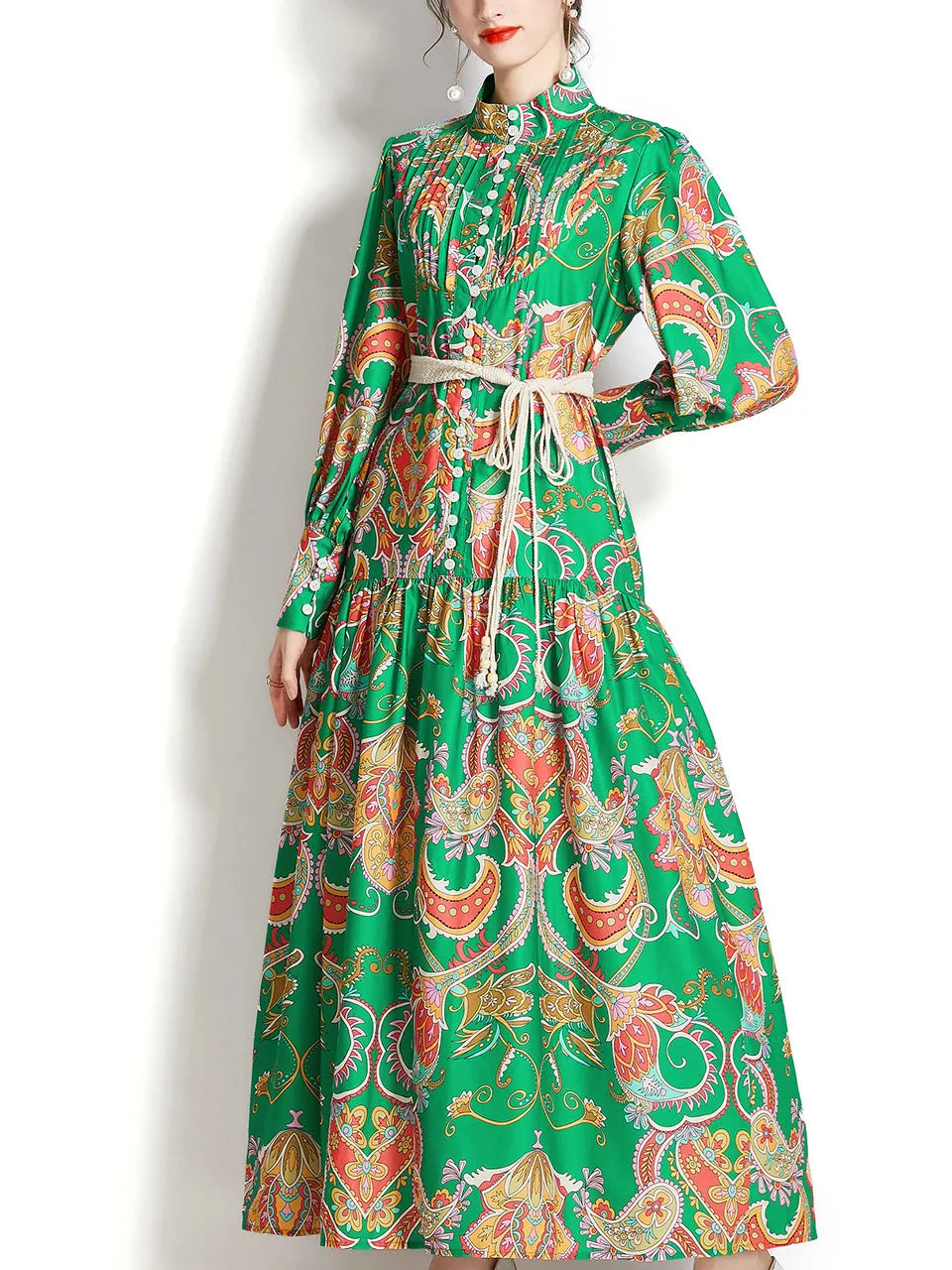 Green Stand Collar Floral Print Long Sleeve Bohemian Dress Maxi Dress