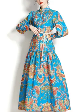 Green Stand Collar Floral Print Long Sleeve Bohemian Dress Maxi Dress