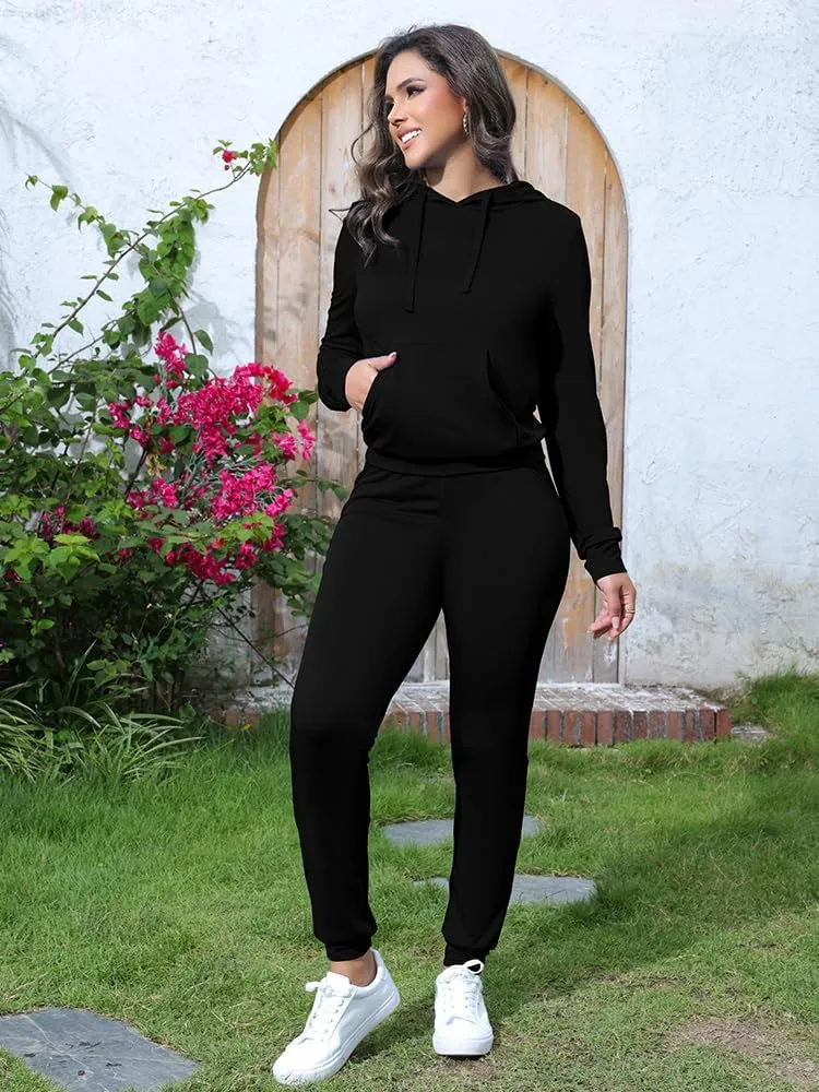 HTD Two Piece Outfits for Women Casual Sweatsuits Set Long Sleeve Hoodie Tracksuit Pullover Jogger Sweat Pants Set