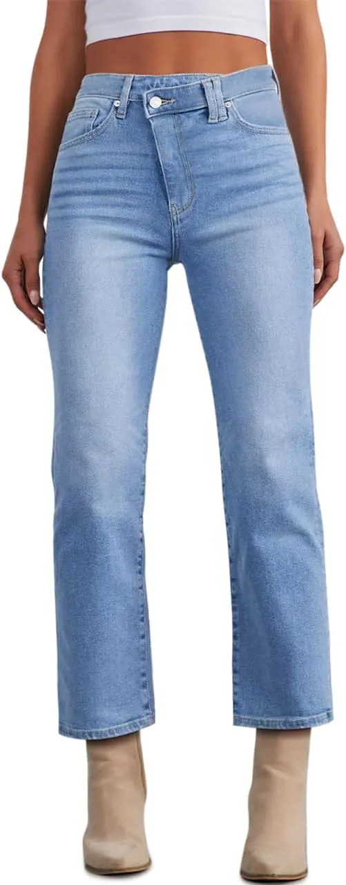 KDF Women's Cropped Straight Leg Jeans - High Waisted Jeans for Women 7/8 Length Denim Pants with Crop Hem