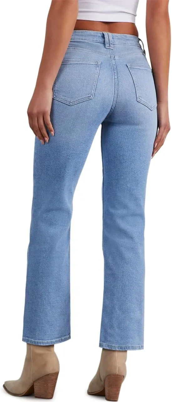 KDF Women's Cropped Straight Leg Jeans - High Waisted Jeans for Women 7/8 Length Denim Pants with Crop Hem