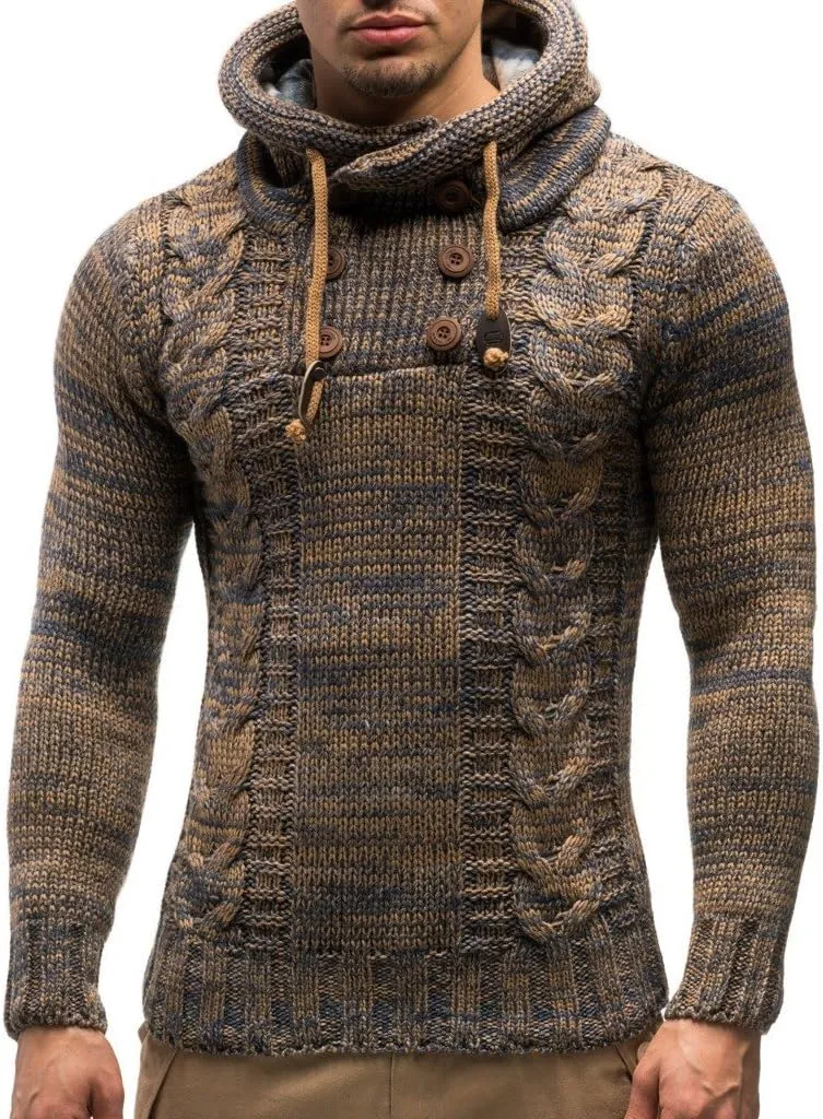 Leif Nelson Men's Knitted Sweater - Slim Pullover Sweaters for Men with Hoodie