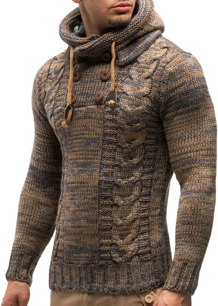 Leif Nelson Men's Knitted Sweater - Slim Pullover Sweaters for Men with Hoodie