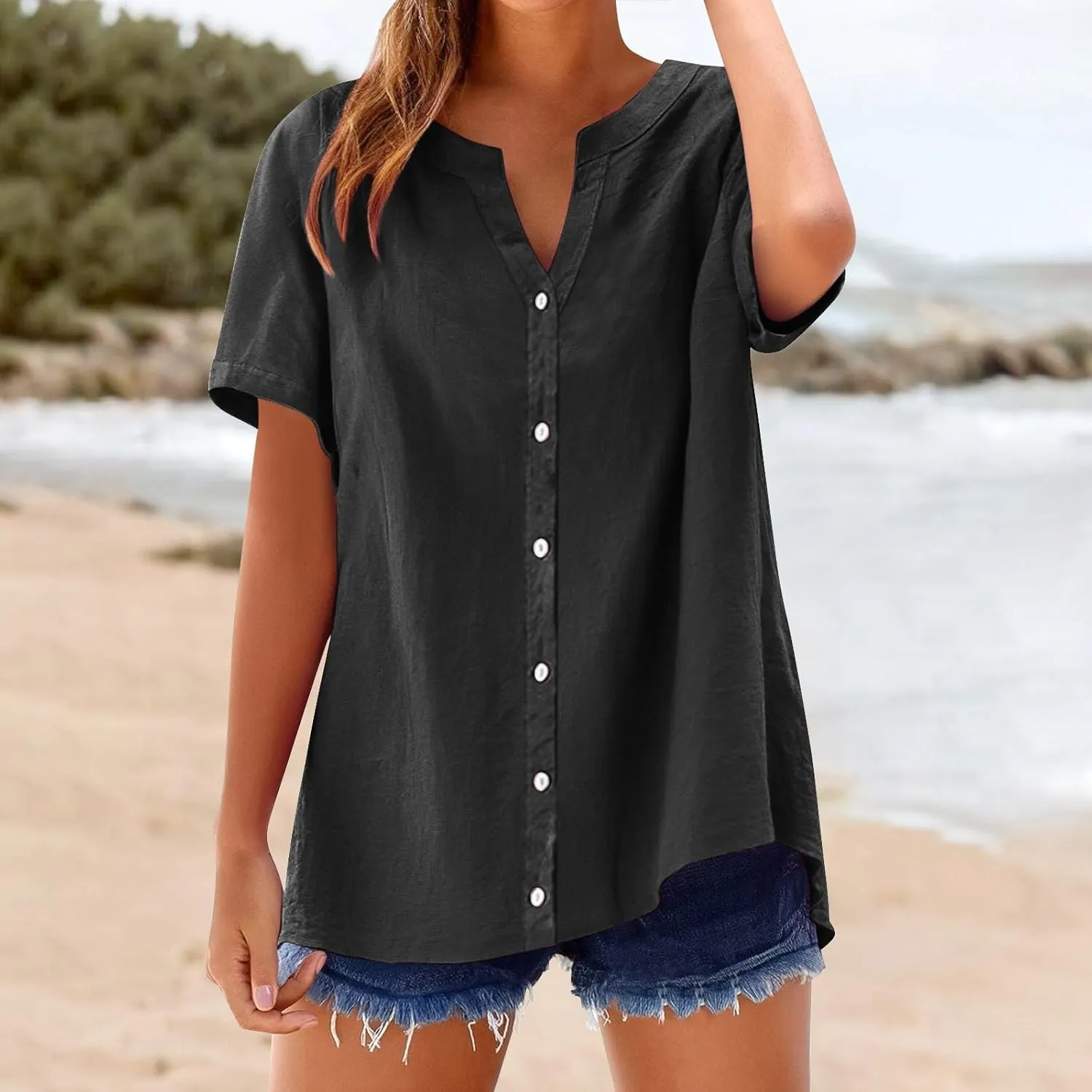 Linen Shirts for Women Solid Color Sleeve Collar Casual Women's Shirt Women's V Neck Button Down Blouse