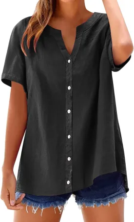 Linen Shirts for Women Solid Color Sleeve Collar Casual Women's Shirt Women's V Neck Button Down Blouse