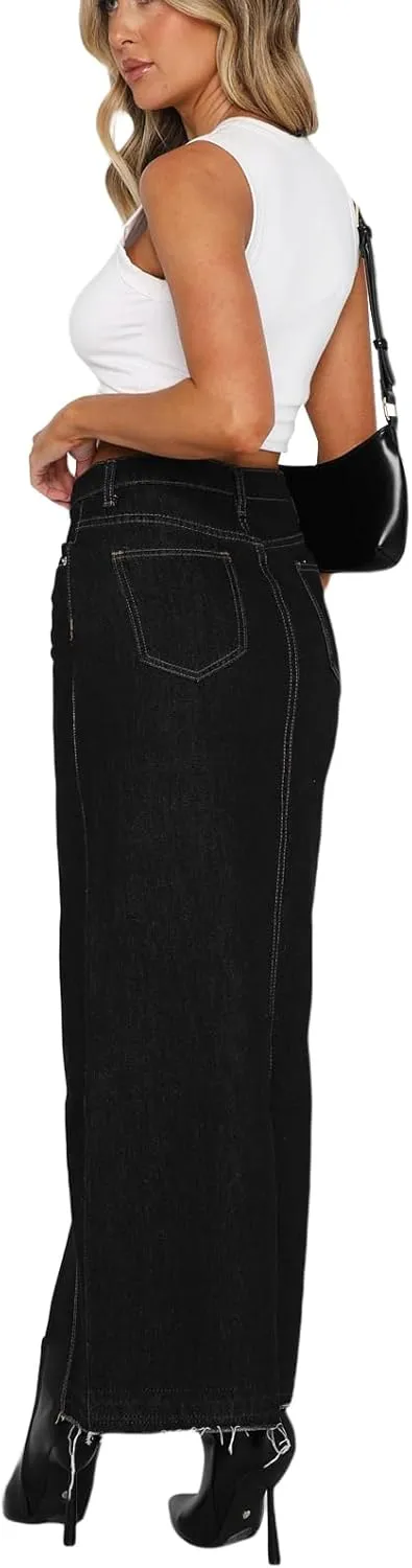 lisenraIn Women Long Denim Skirt Front Slit Maxi Skirt Y2K Fashion Streetwear High Waist Jean Skirt with Pockets