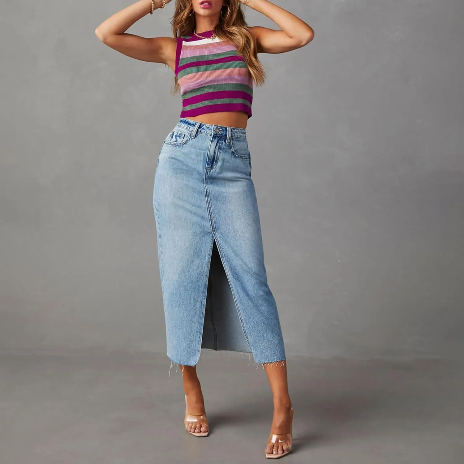 lisenraIn Women Long Denim Skirt Front Slit Maxi Skirt Y2K Fashion Streetwear High Waist Jean Skirt with Pockets