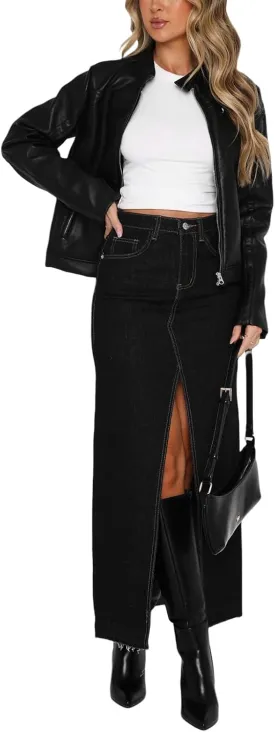 lisenraIn Women Long Denim Skirt Front Slit Maxi Skirt Y2K Fashion Streetwear High Waist Jean Skirt with Pockets