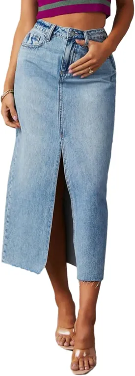 lisenraIn Women Long Denim Skirt Front Slit Maxi Skirt Y2K Fashion Streetwear High Waist Jean Skirt with Pockets